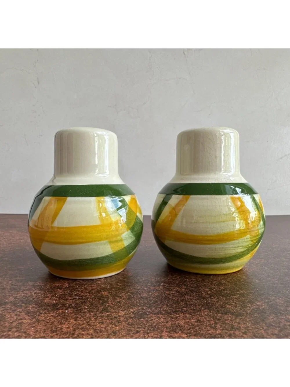 Vernon Kilns Gingham Salt Pepper Shakers Vintage Green Yellow Plaid Pottery